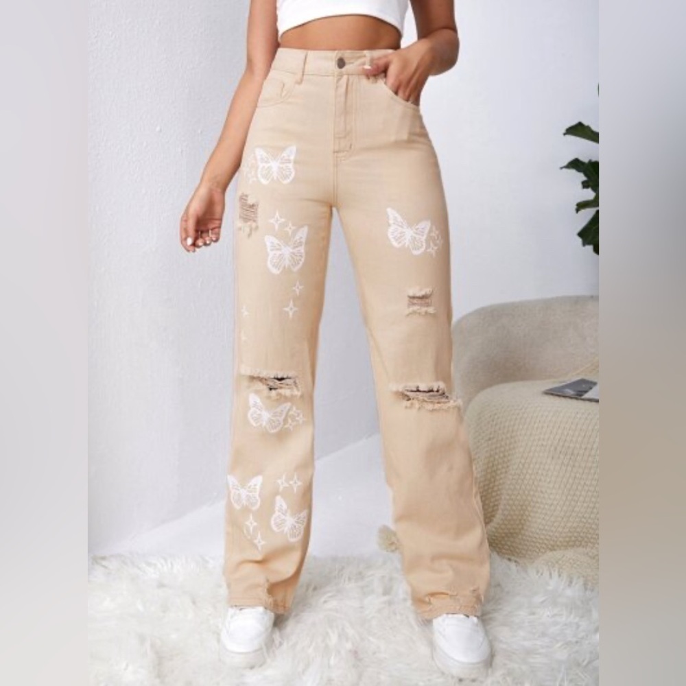 SHEIN Tan Boot Cut Jeans with White Butterfly Design